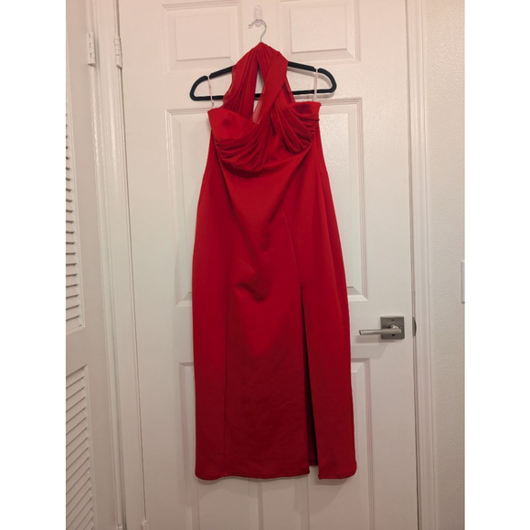 ASOS Design made in Romania Red Midi Dress sheer halter front slit stretch Sz 14 - Picture 2 of 5